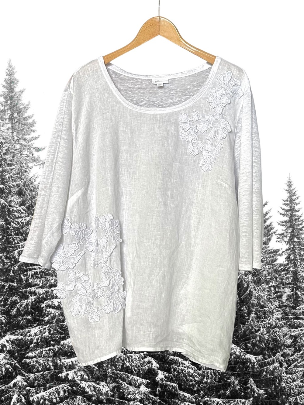 J Jill Love Linen Top White Floral Embroidered Appliqué Knit Woven Plus Size 3X